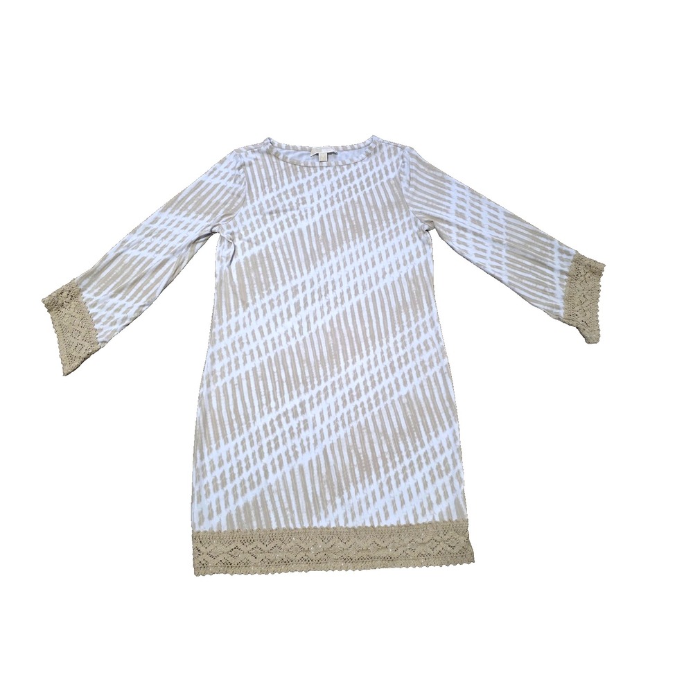 Michael Kors Womens Midi Sheeth 3/4 Sleeves Tan Embroidered Dress‎  Size M